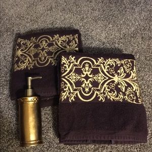 Burgandy Embellished Bath Towels and Soap pump